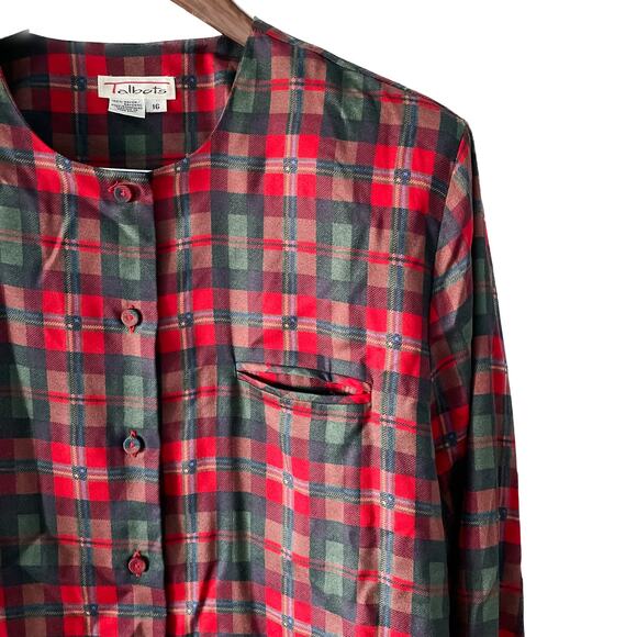 Vintage Talbots perfect plaid collarless button-down blouse size large L - Picture 2 of 7